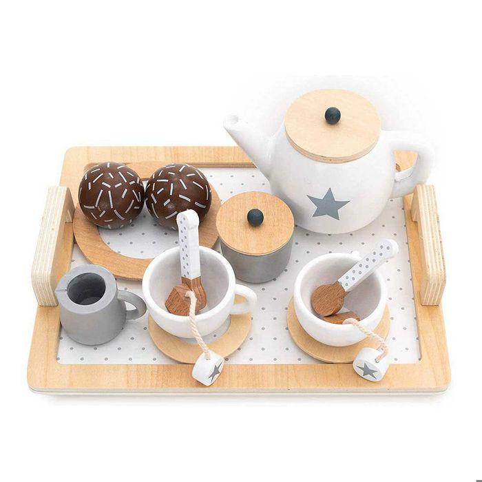 GINGER HOME – Wooden Tea and Coffee Service for Children with Accessories, White/grey, Tray 26x20 Cm, 3+ Years