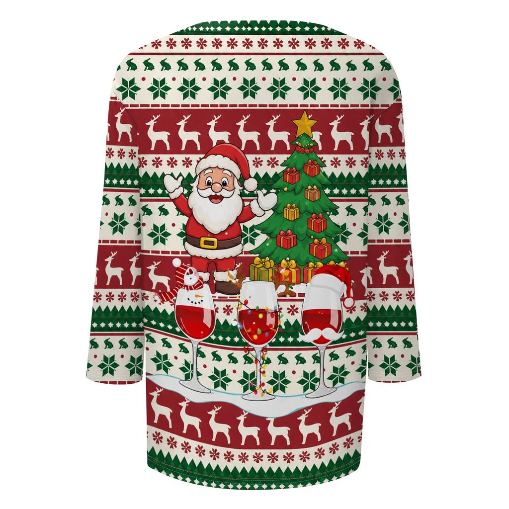 Women's Casual Christmas Print Three-Quarter Sleeve Neck Top