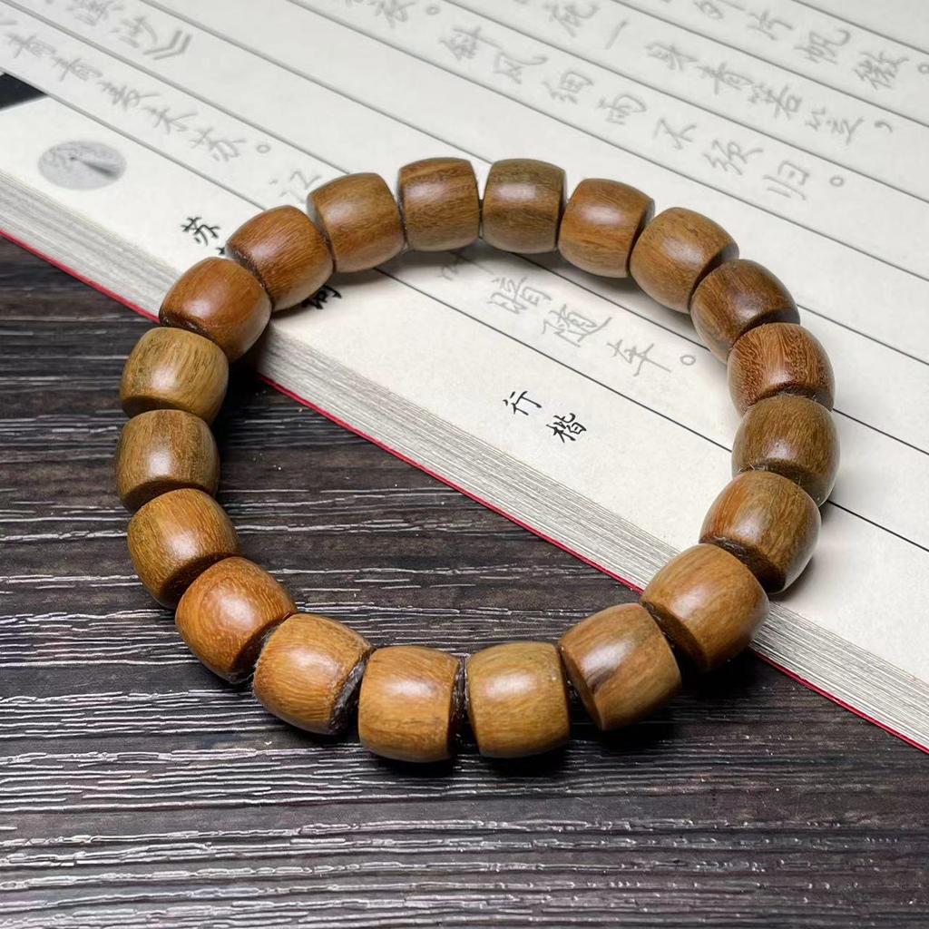Ethnic Green Sandalwood Straight-Cut Barrel Bead Bracelet, Handmade Unisex Cultural Play Single Loop