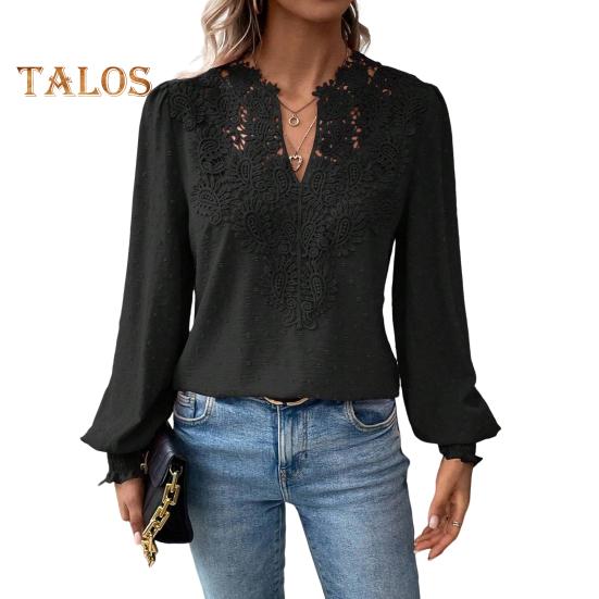 

Женская короткая рубашка с v-образным вырезом и полуоткрытым воротником, кружевная рубашка с длинными рукавами, однотонный пуловер свободного кроя, топы, повседневная одежда L чёрный