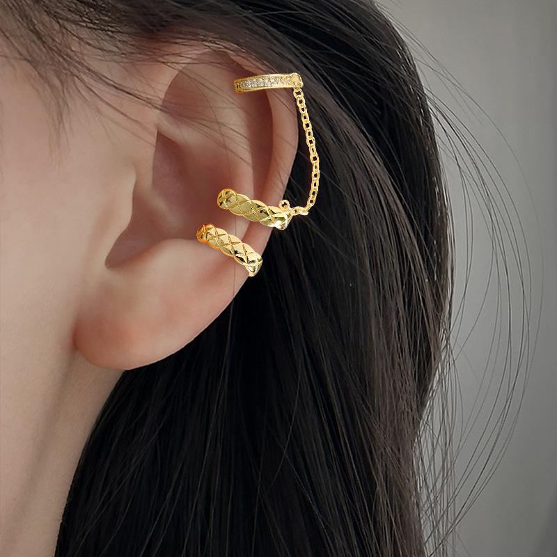 Rhombus Row Drill Ear Clips Without Ear Piercings, Personalized Xiaoxiangfeng Earrings, Long Chain Integrated Zircon Ear Bone Clips