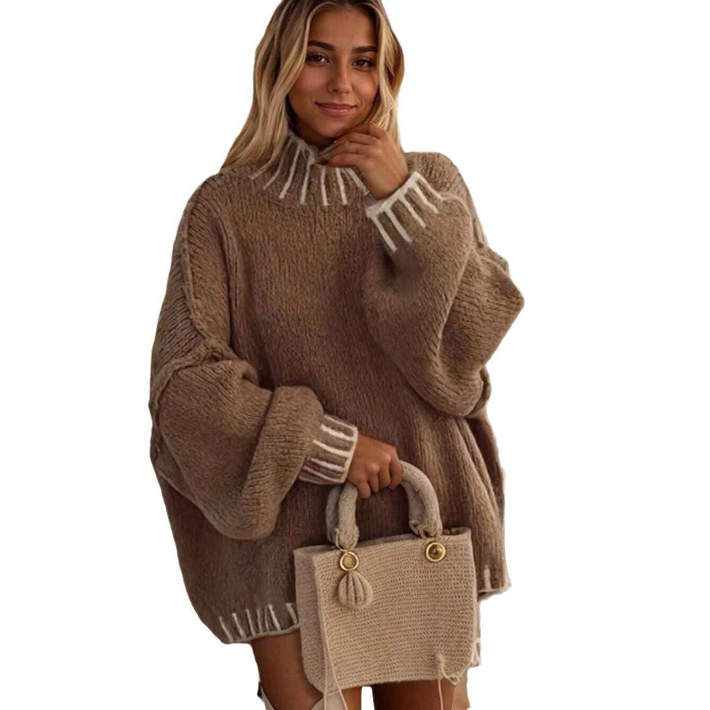 2024 Autumn Women's Semi-High Neck Loose Thick Sweater