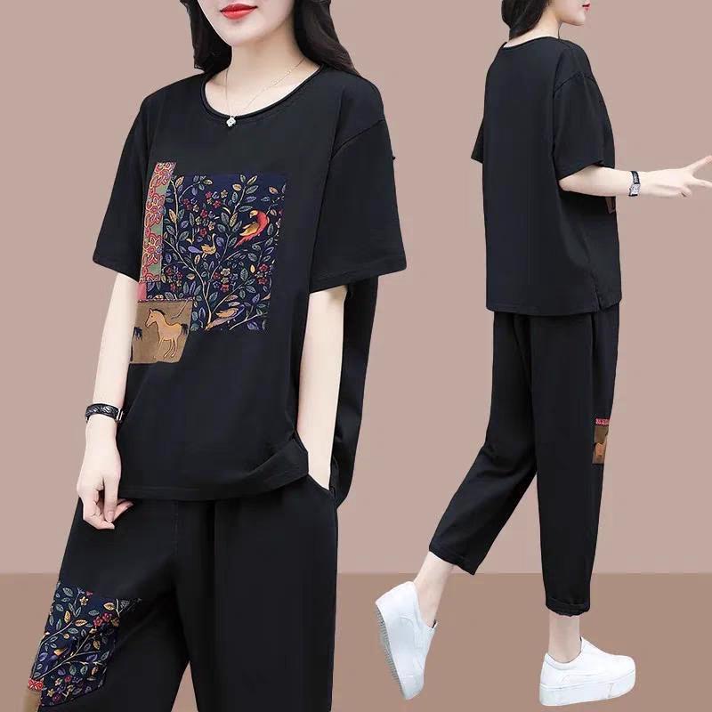 Women  2PC Summer Suit Big Yards T-shirt Pants Two-piece Comfortable Short-sleeved Top and Longs Pants Loose Casual Suit