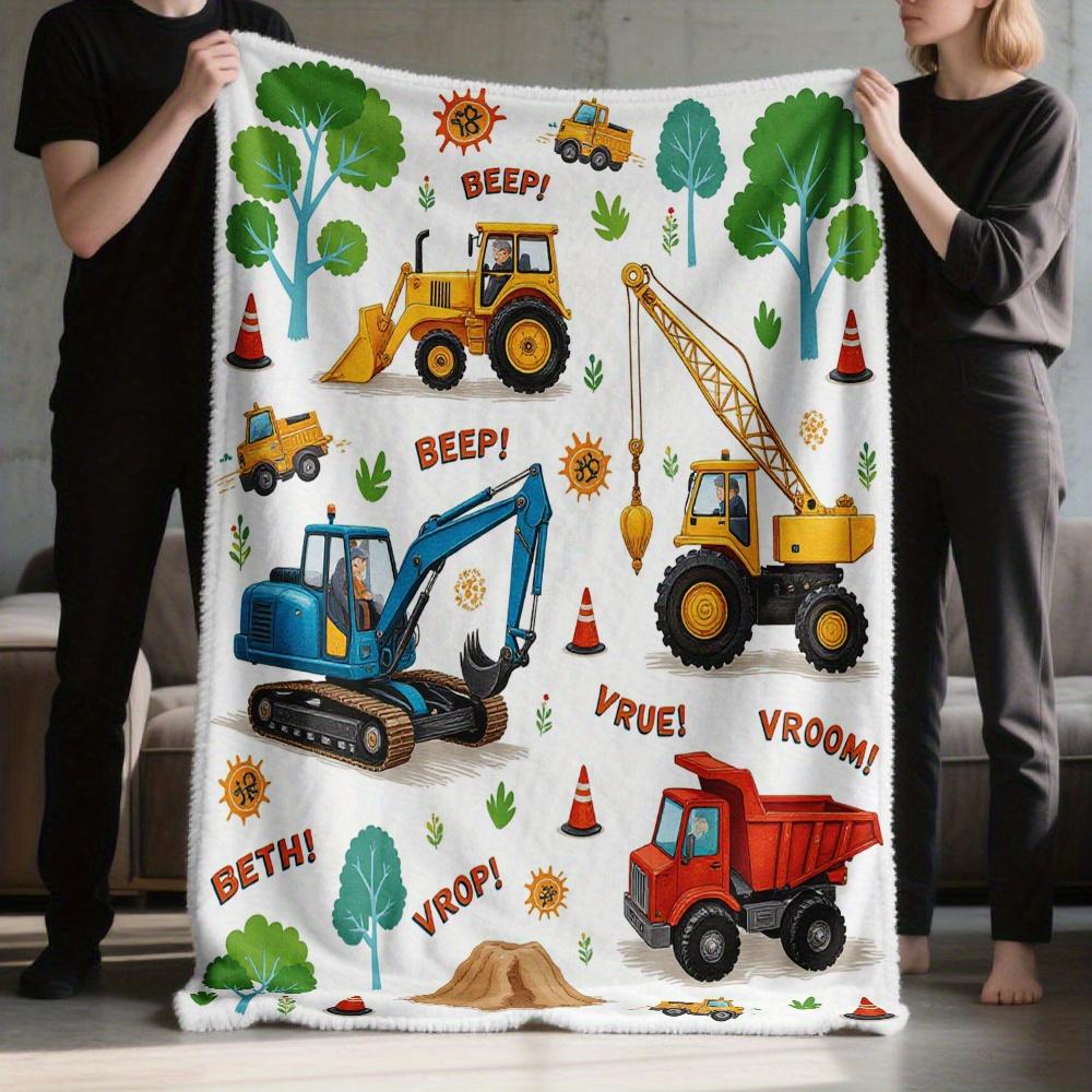Cartoon Construction Vehicles Throw Blanket - Vibrant Tractor Excavator Kids Pattern Cozy Soft Accent for Bed Couch Car Decor