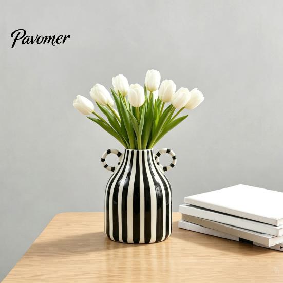 Artistic Home Atmosphere Vase Striped Ceramic Vase, Modern Glossy Hand Painted Flower with Double Fresh Cut Arrangement Ear Handles for Living