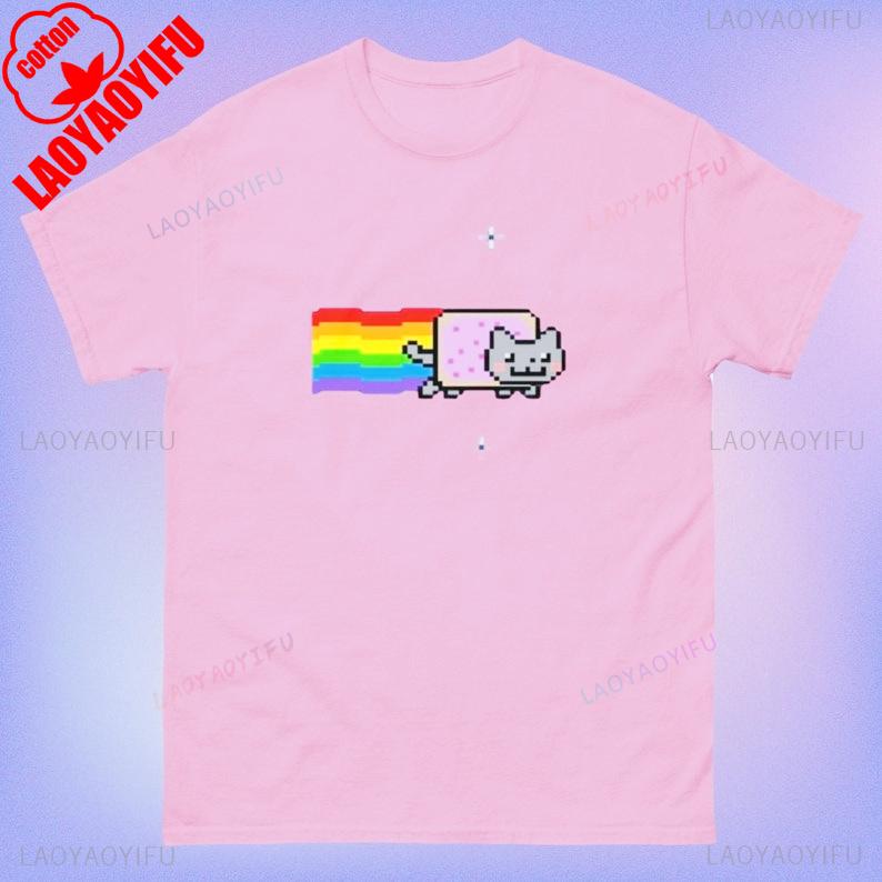 Nyan Cat Смешной Мем Унисекс Футболка с Принтом Узора Летняя Мода Повседневная Удобная и Мягкая Хлопковая Футболка Уличная Одежда Короткий Рукав 4XL