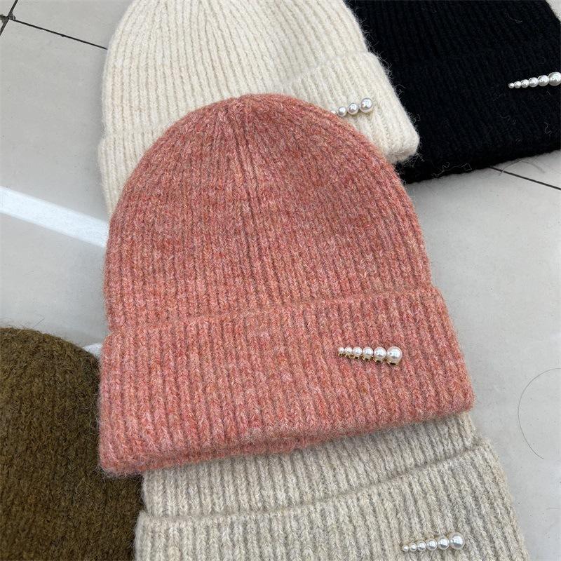 Fashion Pearl Decorative Wool Blended Wool Hat Women's Autumn and Winter Warm Simple Vertical Striped Knitted Cold Hat