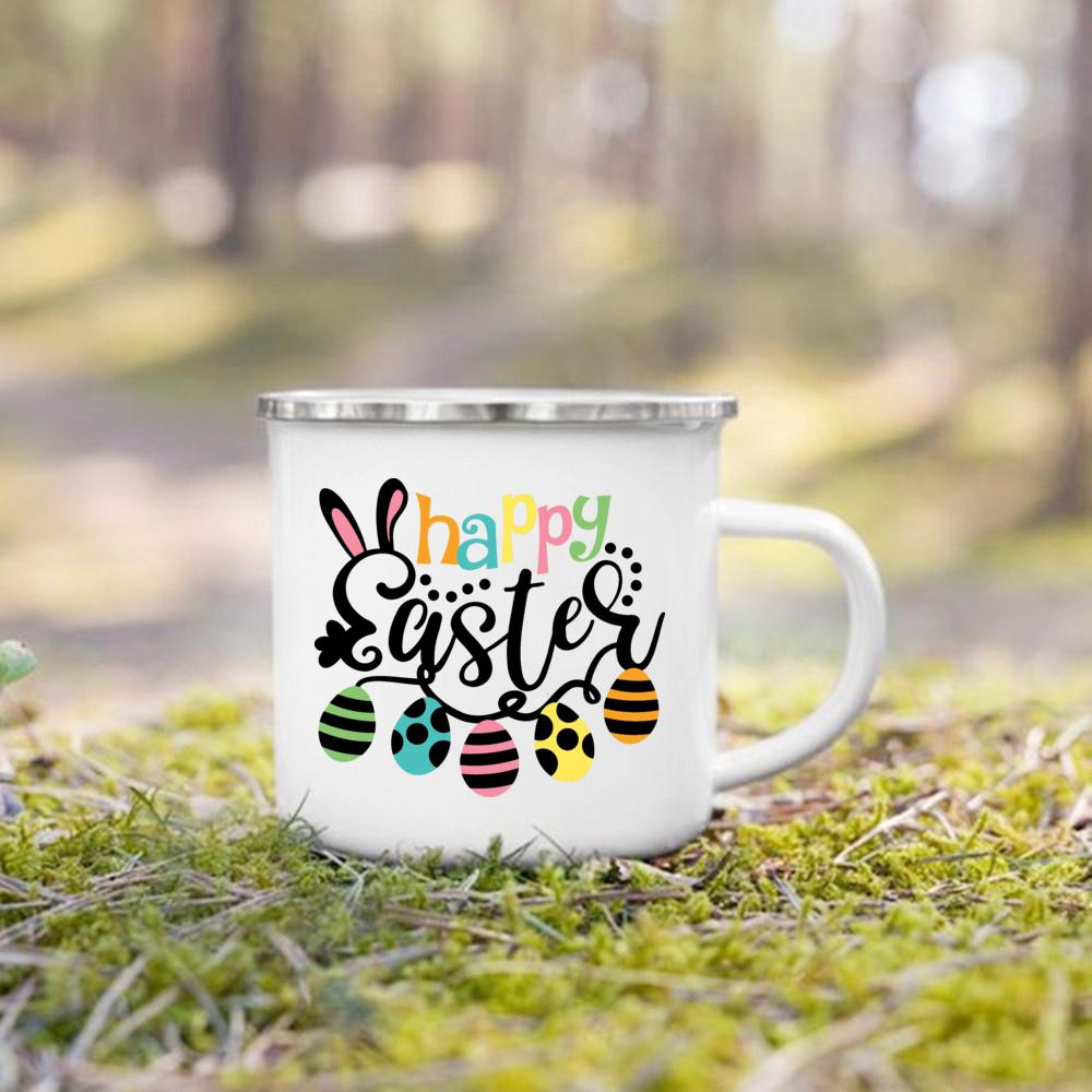 Cute Bunny Egg Print Cups Happy Easter Enamel Mugs Fall Easter Party Wine Juice Mug Dessert Cocoa Milk Handle Cup Gift for Child