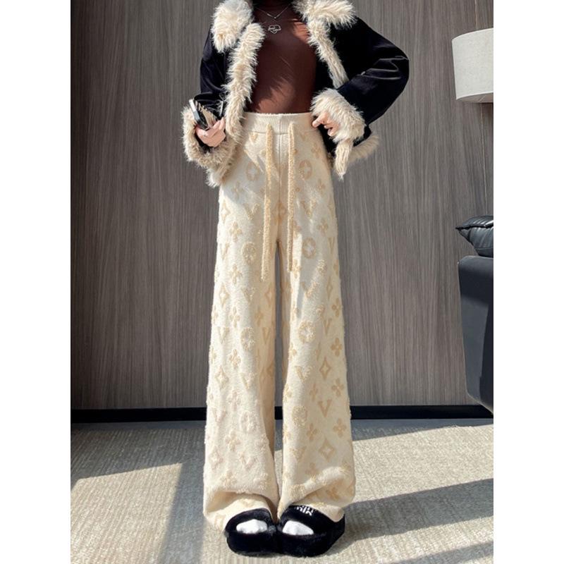 Women's White Mink Knit High-Waisted Fleece-Lined Wide-Leg Pants, 2024 Autumn/Winter Casual Floor-Length.