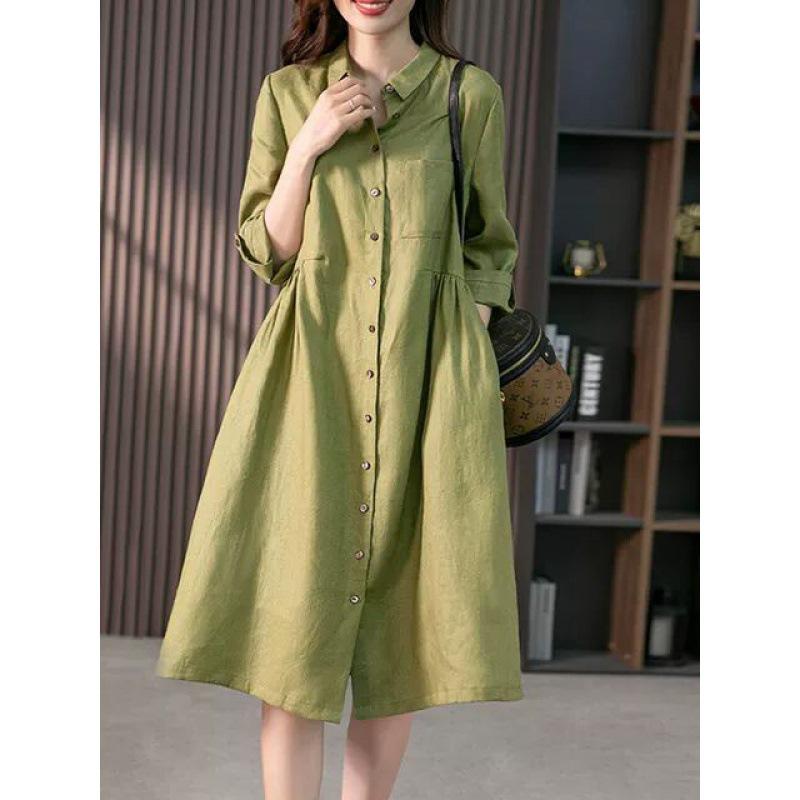 2025 Spring/Autumn Artistic Casual Loose Plus Size Women's Linen Slimming Shirt Dress