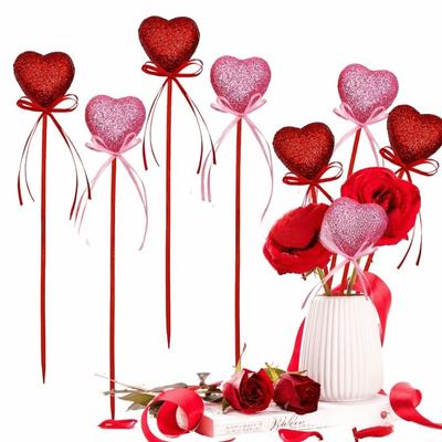 10 Stück Wiederverwendbare Glitzerherzen Stiel Schaumstoffblumenstrauß Roter Herzast DIY Vase Stechstab Hochzeitszubehör