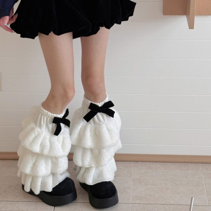 Women Plush Tiered Ruffle Leg Warmers with Bowknot Fuzzy Winter Boot Cuffs Thick Warm Furry Foot Covers Footless Socks