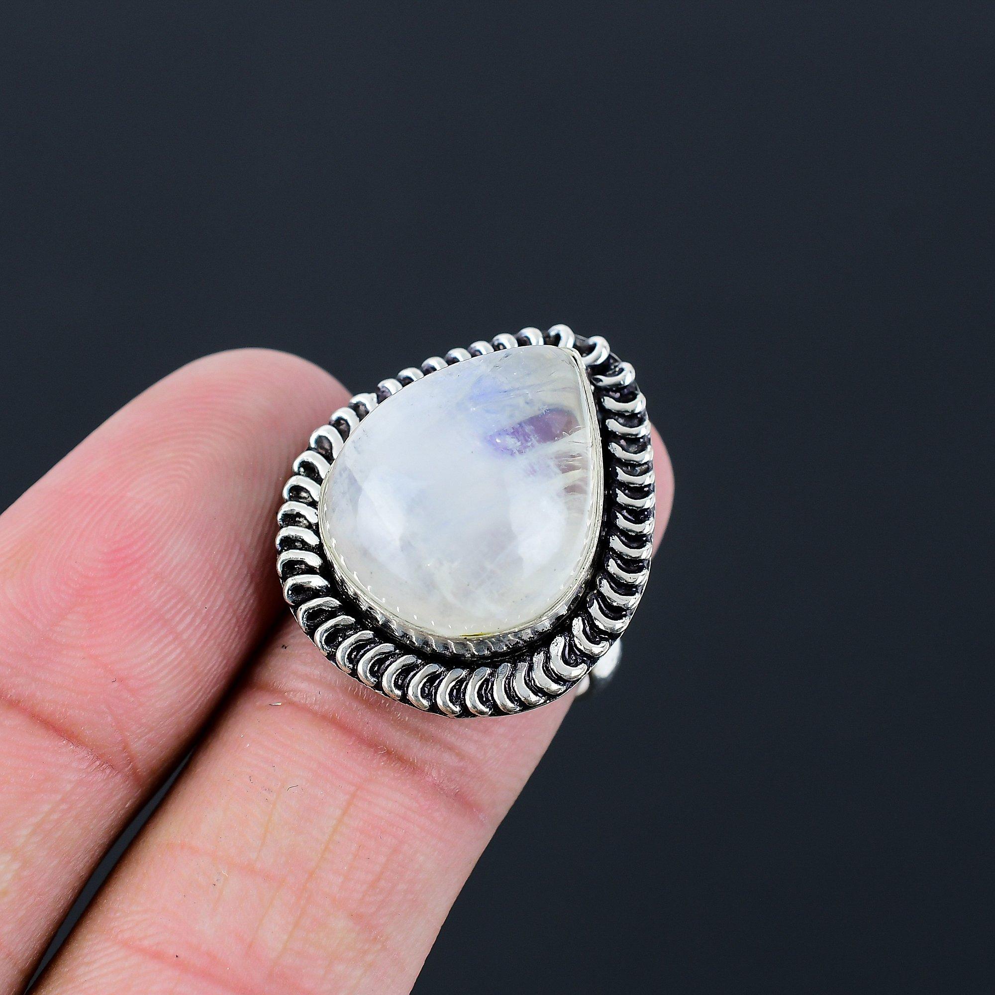 

Natural Rainbow Moonstone 925 Sterling Silver Trendy Promise Ring Jewelry US 7.5 7.5