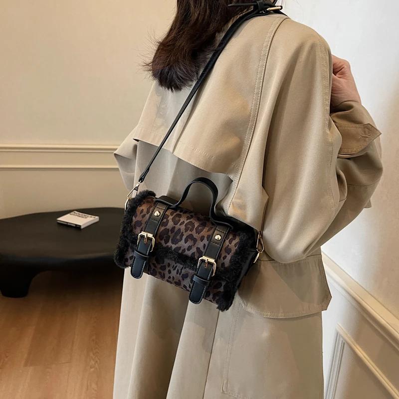 Exquisite Faux Leopard Suede Boston Shoulder Bags High Quality Sense of Luxury Designer New Style Bags