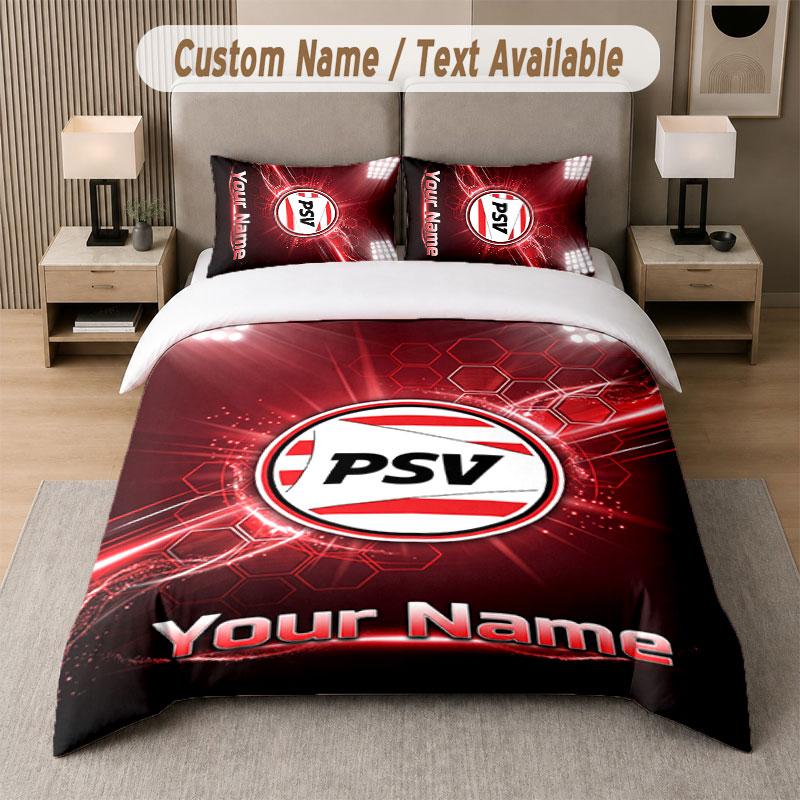 Custom Bedding Set PSV Eindhoven FC Pattern, Print Name Text 1 Duvet Cover plus 2 Pillowcases Home Textile