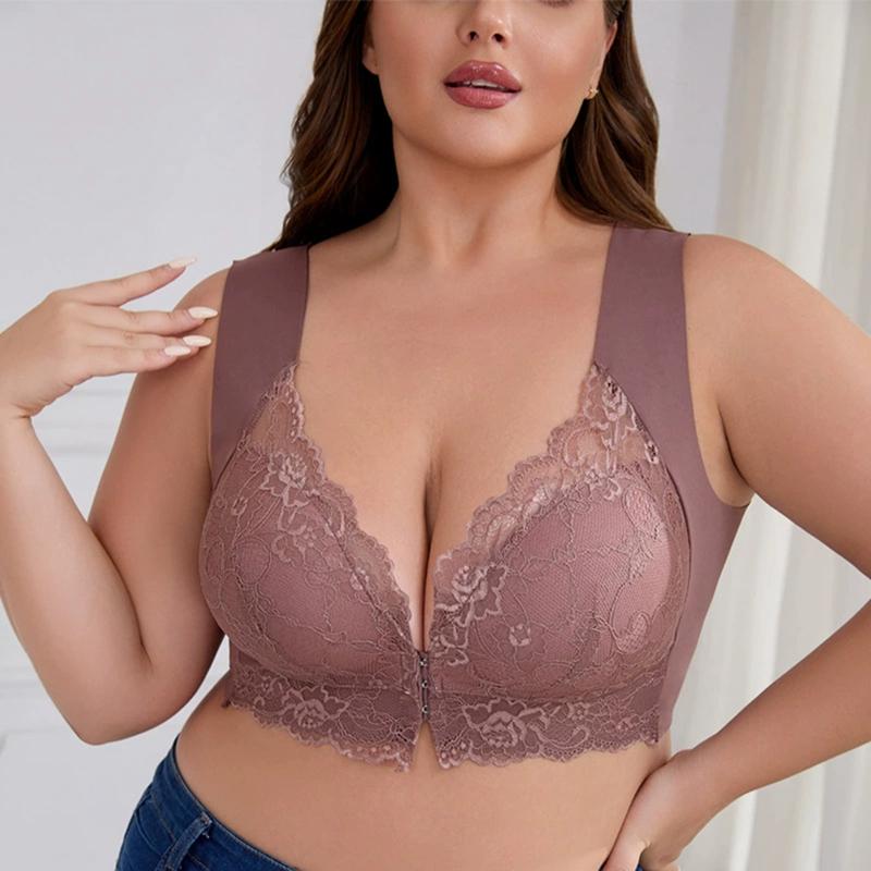 Women Plus Size Wide-strap Lace Bra Front Buckle Bra Gathering Bra