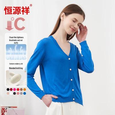 T-shirt en maille à col en V à manches longues pour femme en mélange de soie Hengyuanxiang