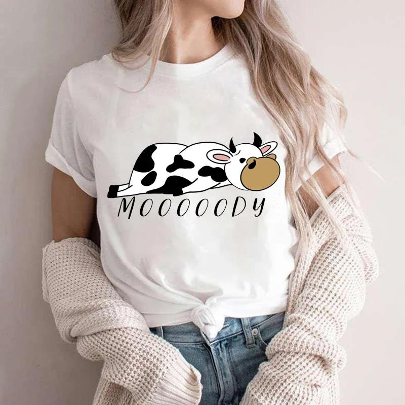 Moooody Cow Print Women Clothing Short Sleeve Aesthetic Clothes  Streetwear Lazy Cow Fashion T-shirts for Women