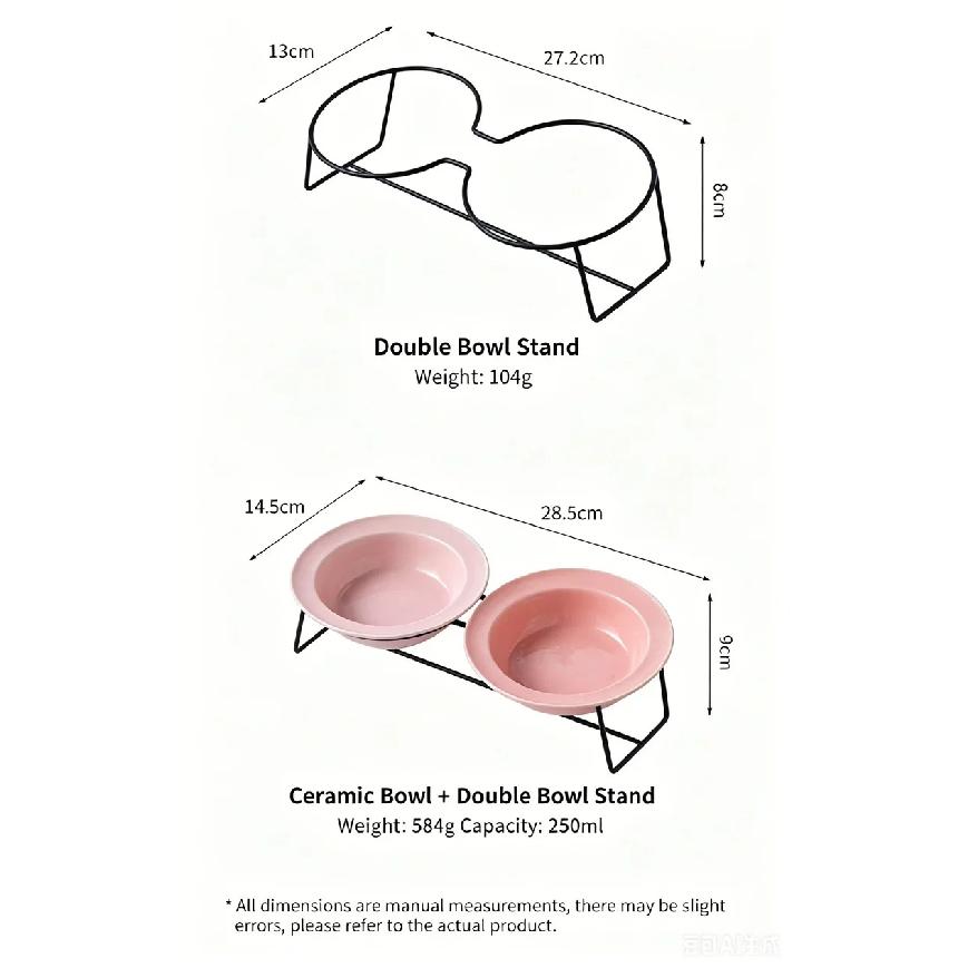 Cute 15° Tilted Ceramic Cat Bowl Double Pet Feeder Bowl with Iron Stand Anti-slip Elevated Food Water Bowl for Small Dogs Cats