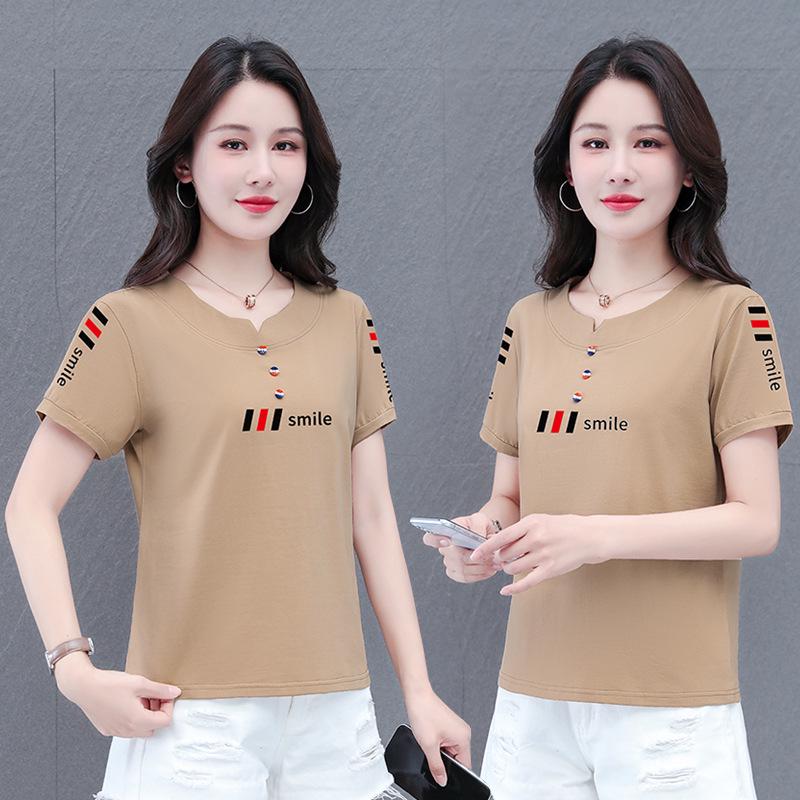 Women's V-Neck Cotton T-Shirt: 2025 Summer Fashion for Middle-Aged Mothers - Stylish, Short-Sleeved, and Hot-Selling.