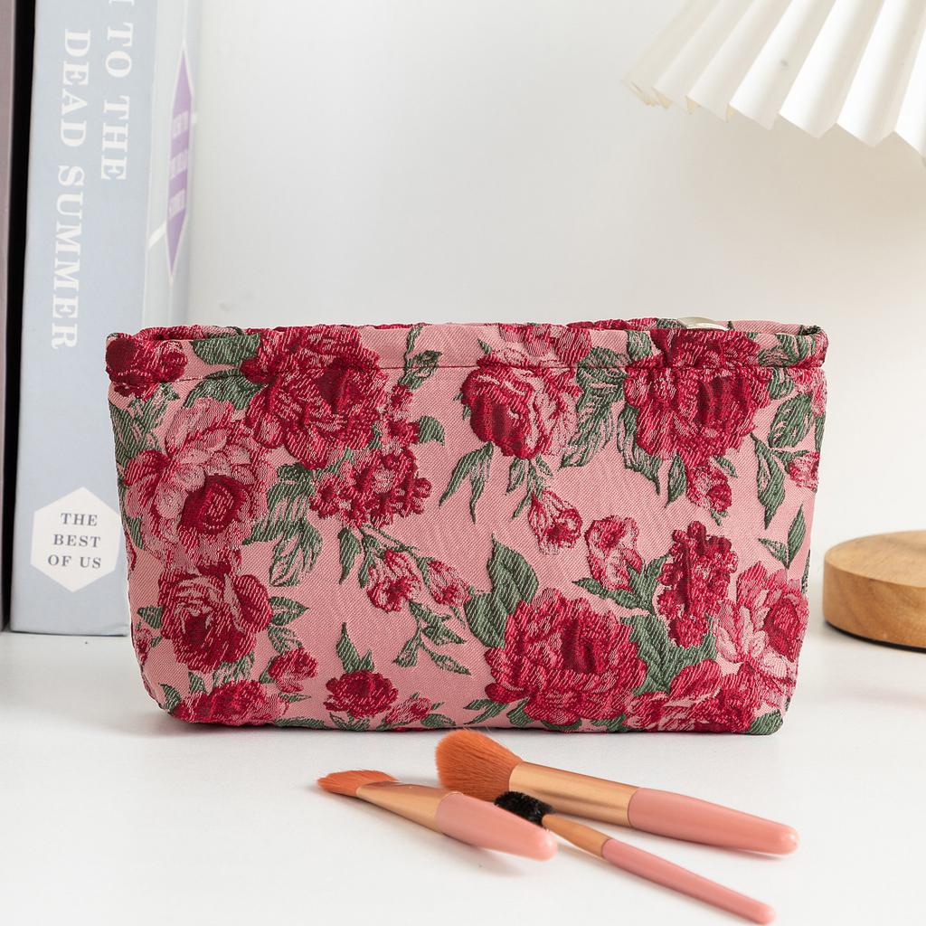 1pc Vintage Red Rose Makeup Bag Rose Pattern Makeup Bag Makeup Storage Bag Cute Daily Washing Bag
