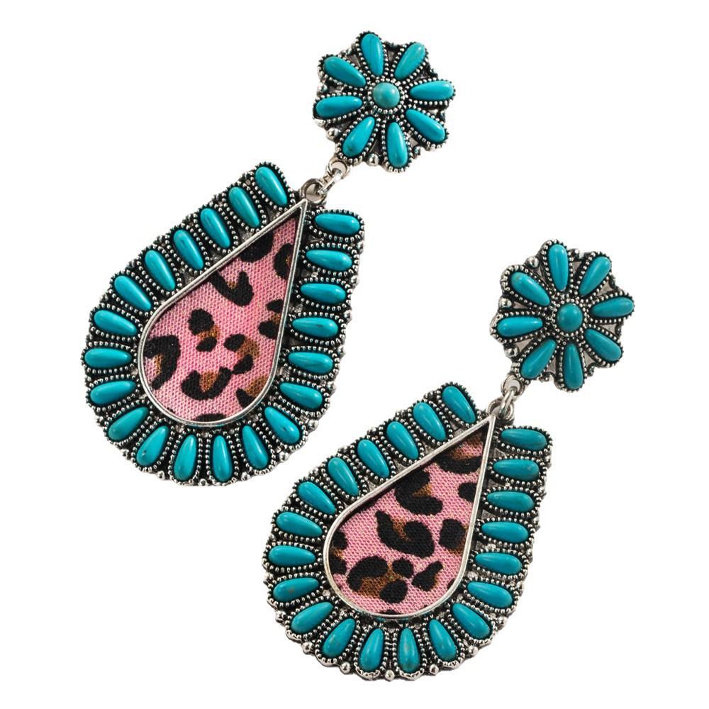 Ethnic style earrings retro court style with turquoise leopard print leather exaggerated personality earrings