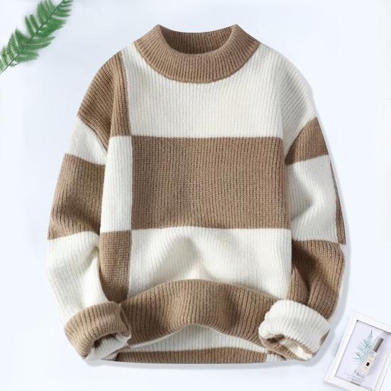 Men Autumn Winter Contrast Color Sweater O-neck Long Sleeve Thickened Warm Knitting Tops High Elastic Knitwear