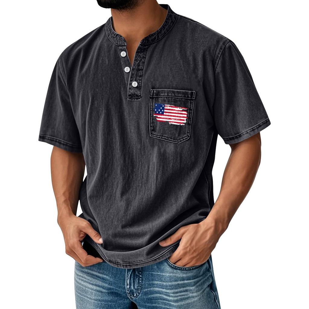 Men's Summer Independence Day Pattern Round Neck Short Sleeve T-Shirt Neck Men's All-match Casual Button Shirt