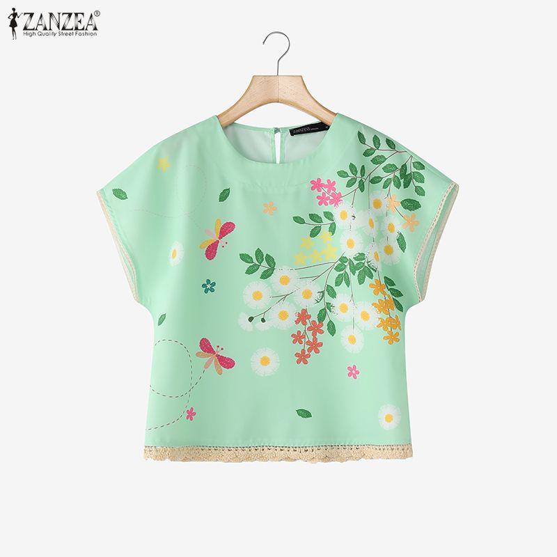 ZANZEA Blusa feminina casual de verão com decote redondo e manga curta floral