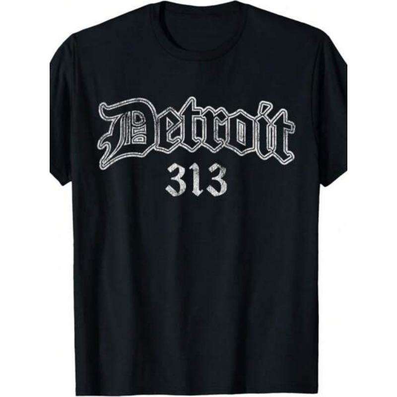

European sizes Retro Detroit Michigan 313 Print T-shirt - Round neck and dropped shoulder design for daily activities 2XL чёрный