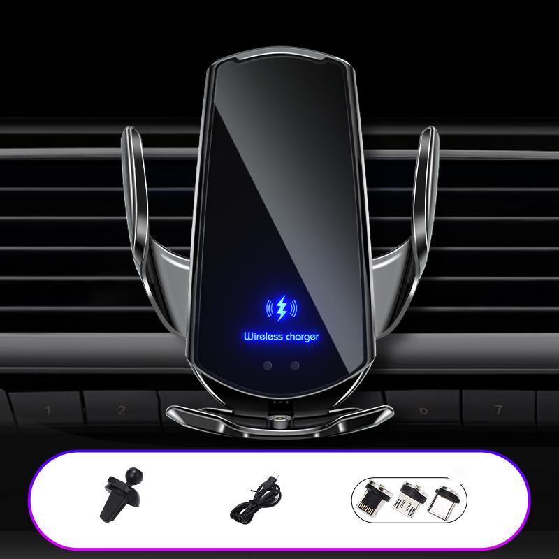 

Q3 Air Vent Clip Auto Sensing Cellphone Bracket Car 15W Wireless Charger with Apple/Android/Type-C Magnetic Head Black