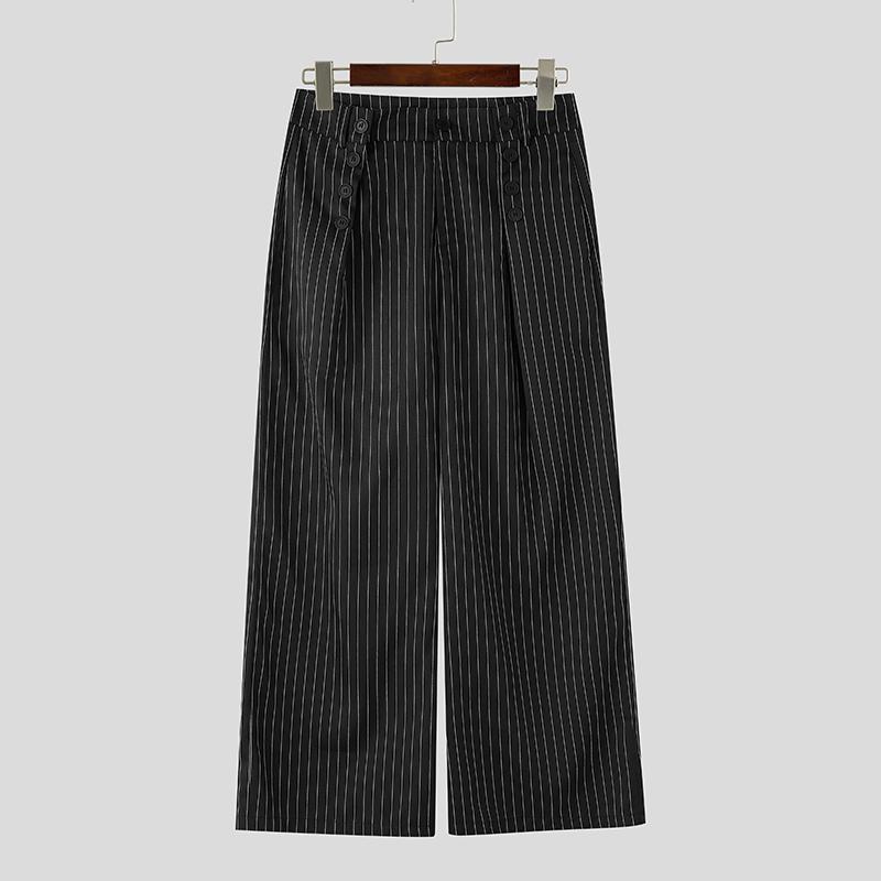 INCERUN Men High Waist Zip-up Buttons Striped Casual Loose Long Suit Pants Trousers S чёрный