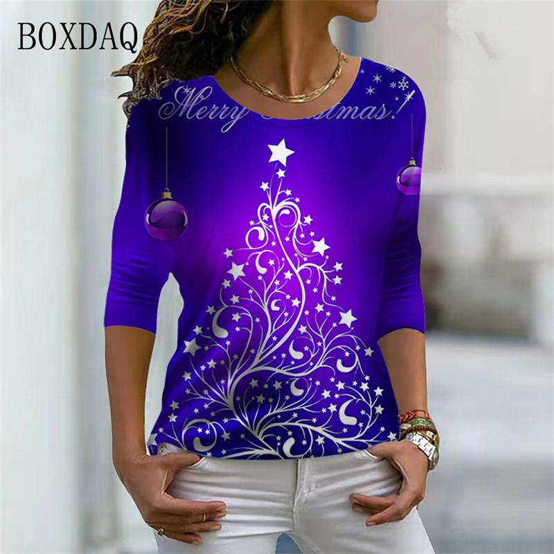 Christmas Tree Pattern Women 3d T-shirts Long Sleeve Christmas Style Street Fashion Ladies Tees Casual Cotton Tops Merry Year