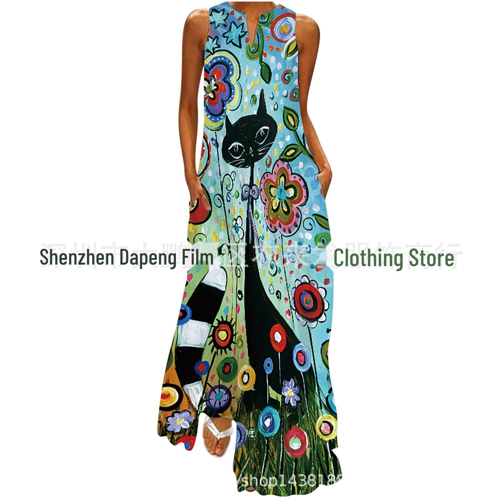 

Летнее платье 2023 года с V-образным вырезом и принтом в стиле ретро без рукавов, многоцветное длинное платье 5XL