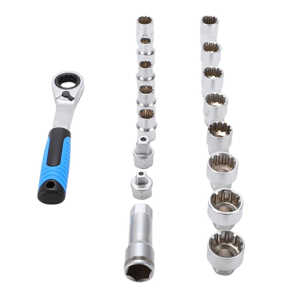17Pcs Pass Through Socket Set 3 8in 1 2in Drive Metric Sockets with 2 in 1 72 Tooth Ratchet Cr V Steel