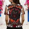 Women Plus Size V Neck Cold Shoulder Short Sleeve Burgundy White Masquerade Mask Print Top
