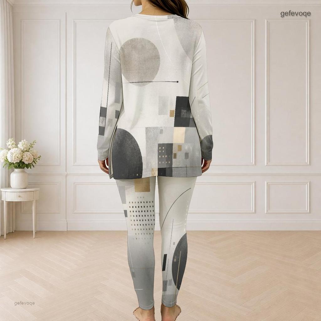 Women Plus Size Front Zip Long Sleeve Printed Longline Top Fitted Pants Two Piece Set
