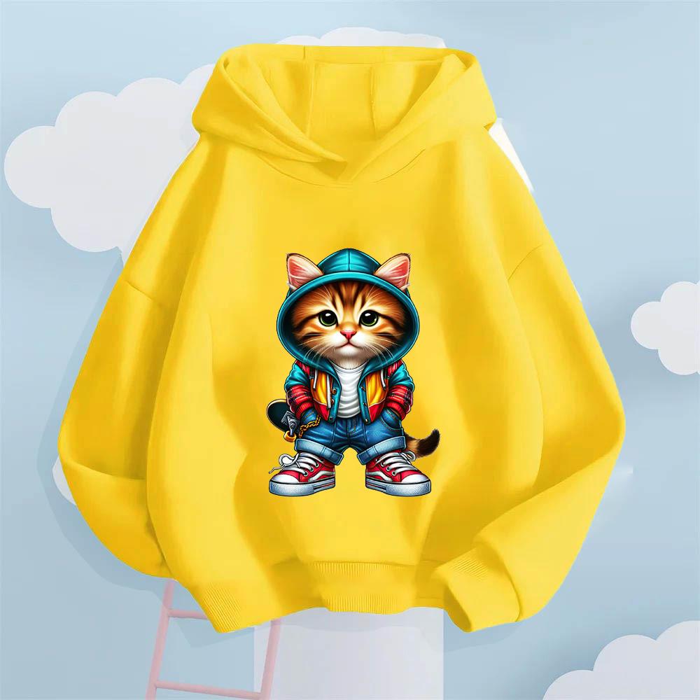 2025 Autumn/Winter Cool Skateboarding Cat Printed Children's Hoodie, Girls' Fashion Versatile Sportswear