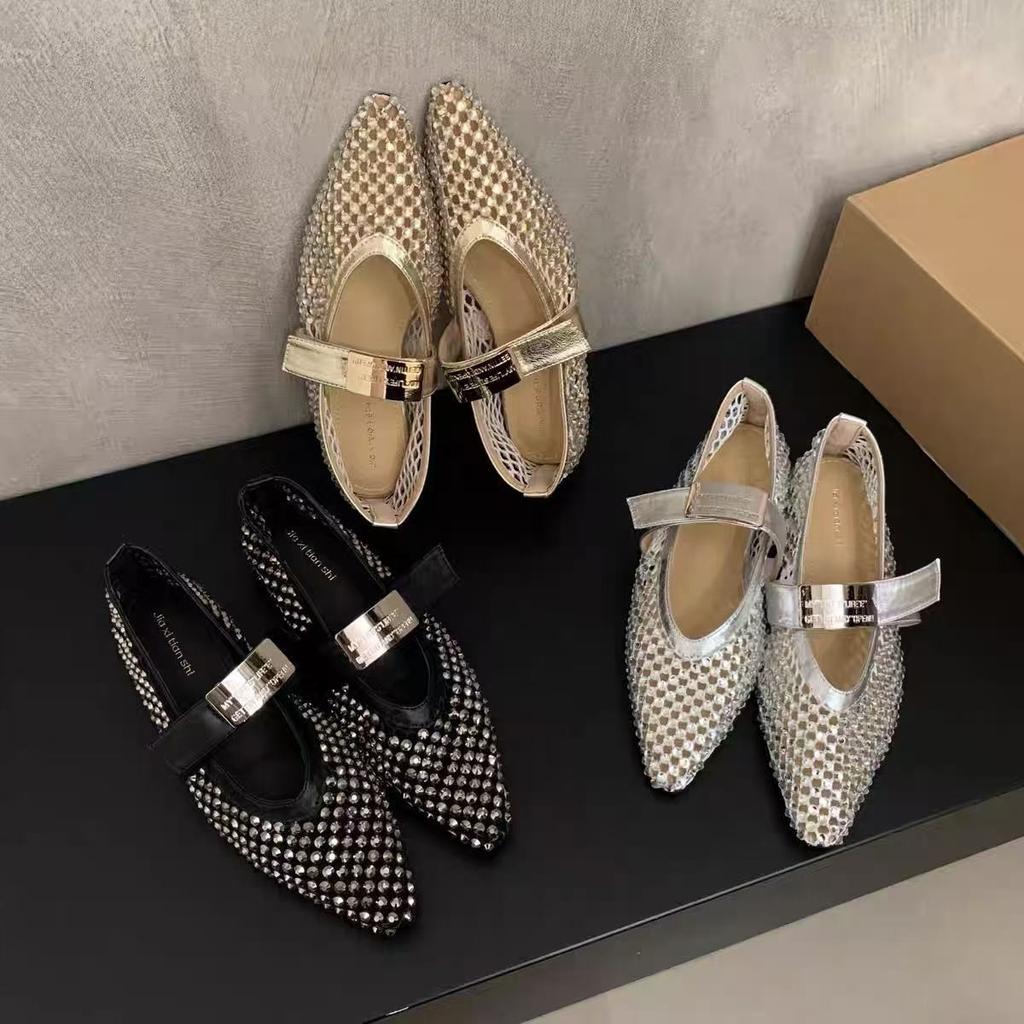 2025 new French retro pointed rhinestone bag head half slippers women wear fashion muller non-slip cool slippers