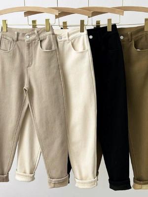 Damskie Jeansy Cigarette Khaki Plus Size z Wysokim Stanem, Krótkie, Polarowe, Wiosna 2024