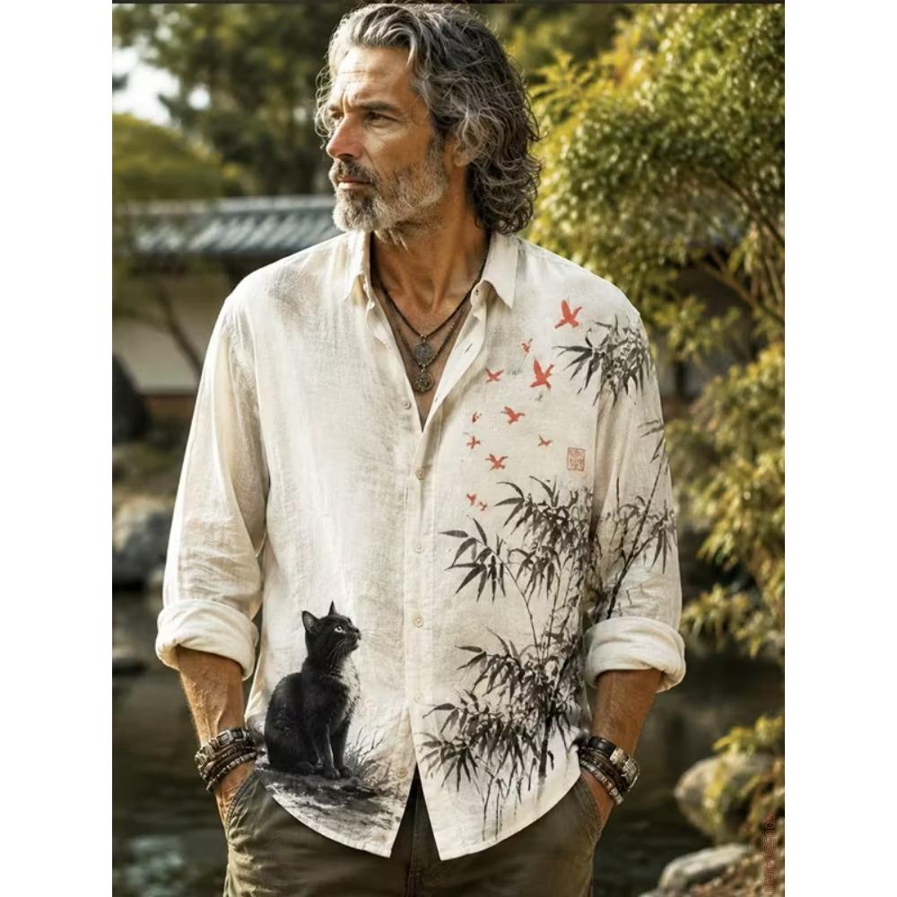 Men's Long Sleeved Shirt with Sun Rainbow Print Top, Versatile for Vacation and Travel, Fashionable and Comfortable Casual Shirt