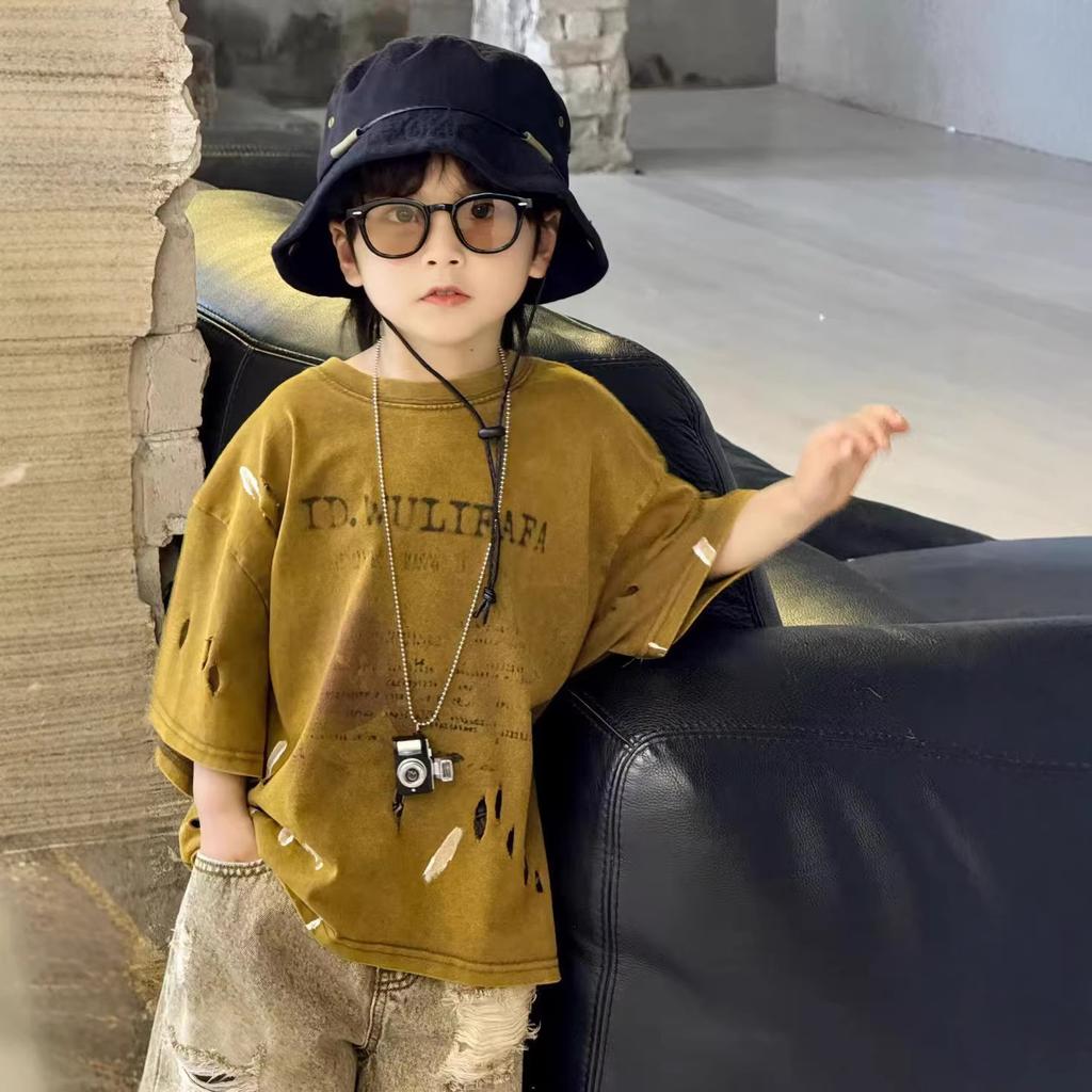 Boys' Clothing Set Summer Children's Ripped Denim Shorts Tie Dye Short Sleeved T-shirt 2-piece Set