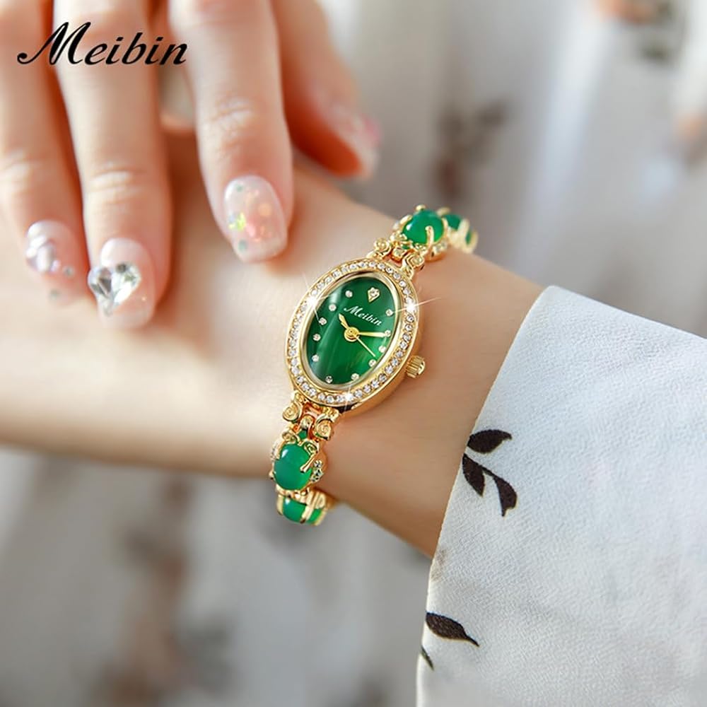 "Elegant Women's Bracelet Watch Green Crystal Waterproof Quartz Simple Gold"