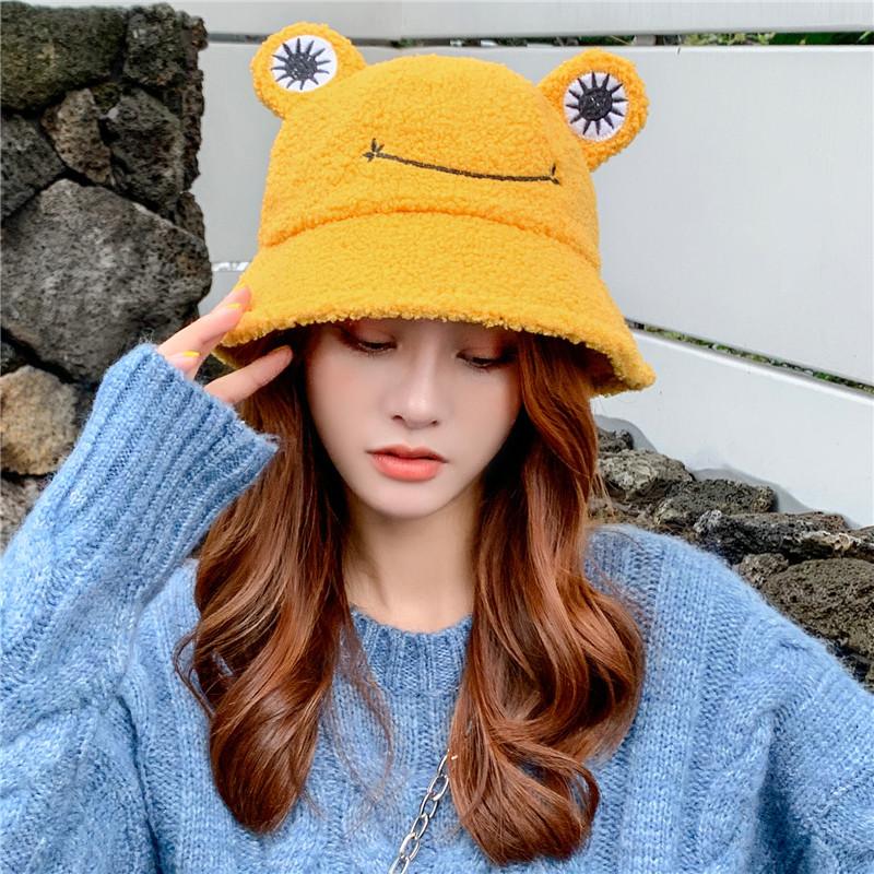 Neuer Winter Kinder-Eltern Frosch Stickerei Fischerhut Kordel Verstellbar Panama Outdoor Fischerhut Lächeln Winter Warm Bob Hut