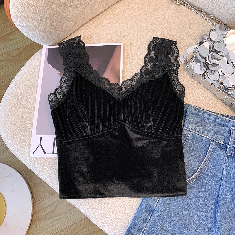 

Женская французская кружевная майка: Сексуальный осенне-зимний топ-труба с подкладками на груди, универсальный, подходит как для внутреннего, так и для внешнего ношения, красивый дизайн спинки. M чёрный