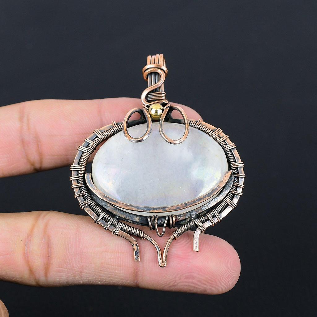 Moonstone Gemstone Pure Copper Wire Wrapped Handmade Pendant Jewelry Gift For Her