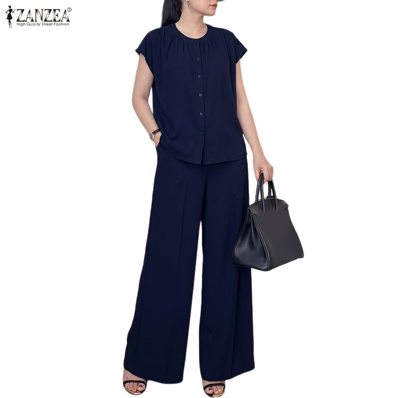 ZANZEA Women Short Sleeve Blouse and Long Pants Summer Casual Two Piece Sets