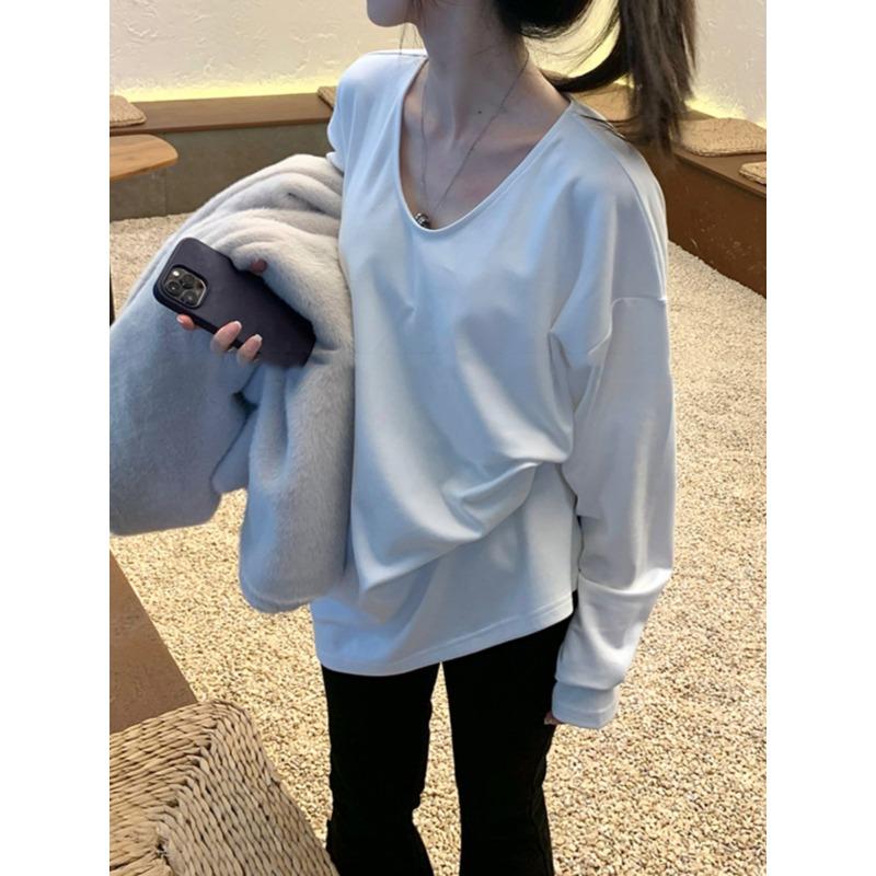 White Long-sleeved Shirt Women's Autumn and Winter Loose Version with Bottoming Shirt German Velvet Lazy Medium and Long Neck Top