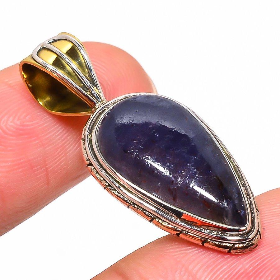 Natural Iolite Gemstone Two Tone 925 Solid Sterling Silver Pendant 1.50'' p4l50