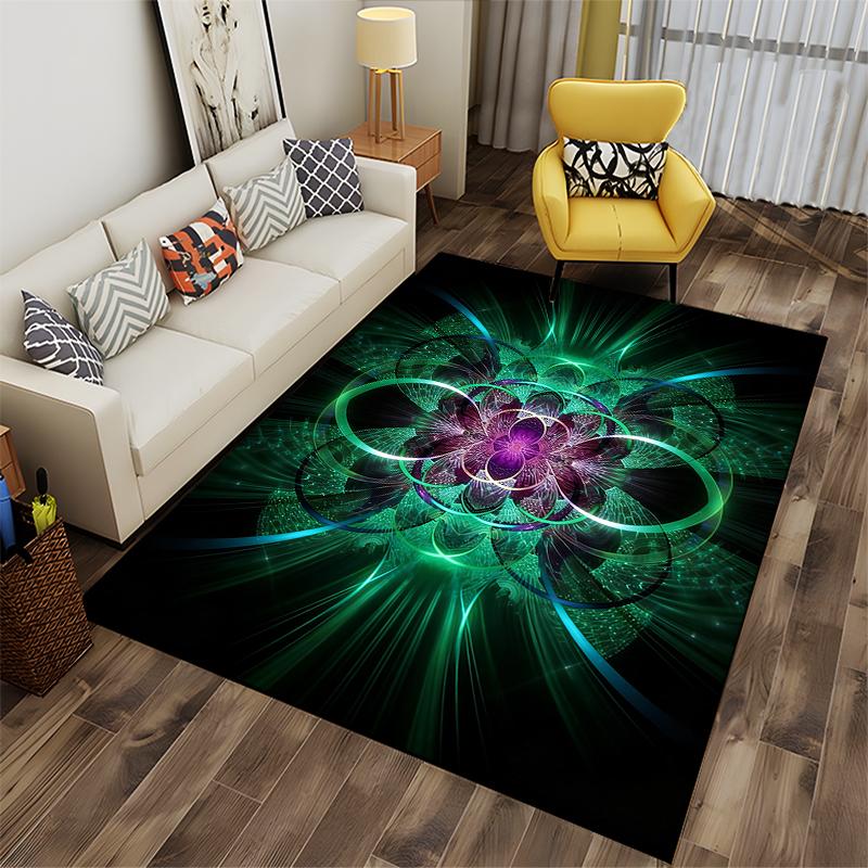 "Abstract Glowing Flower Art Carpet with Green and Purple Design" Suitable for Use As an Anti-slip for Living Room Bedroom Sofas